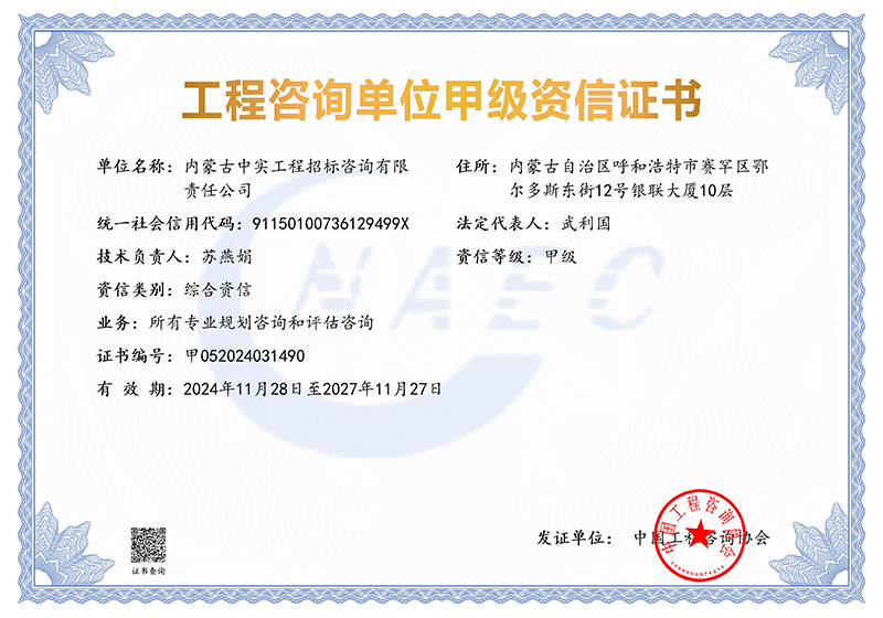 工程咨詢單位甲級(jí)綜合資信證書(shū)